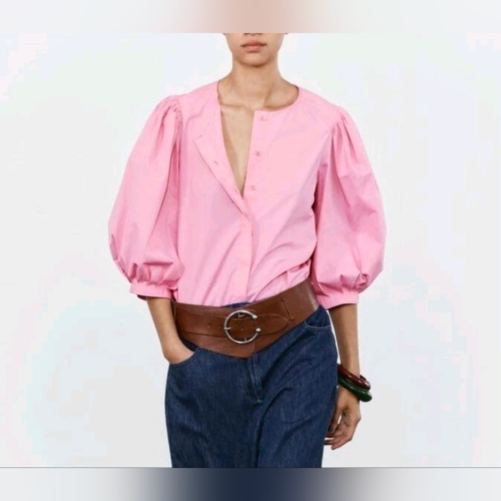 Zara Size XS Pink Puff-Sleeve Button Front Blouse